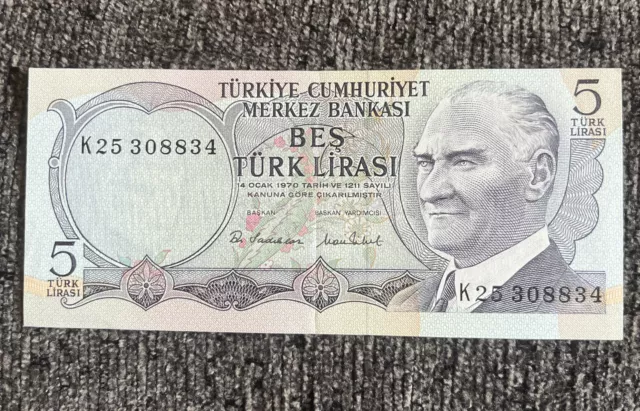 Turkish 5 Lira Currency Waterfall Kemal CRISP Banknote Ataturk 1970