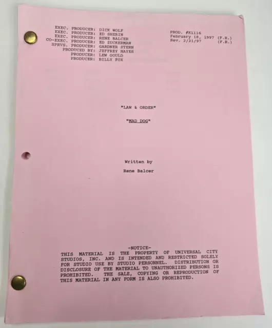 LAW & ORDER / Rene Balcer 1997 TV Script, Carey Lowell & Dan Frazer "Mad Dog"