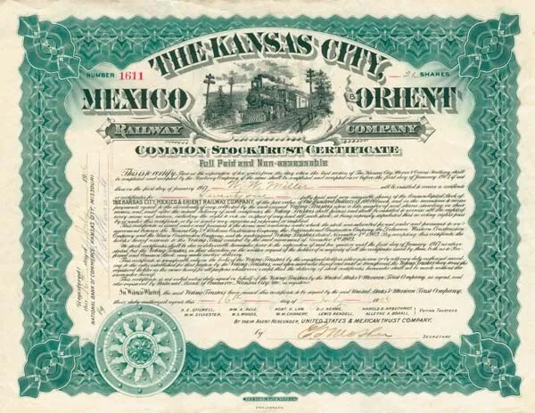 Kansas City, Mexico and Orient Railway Co. - Stock Certificate - Railroad Stocks