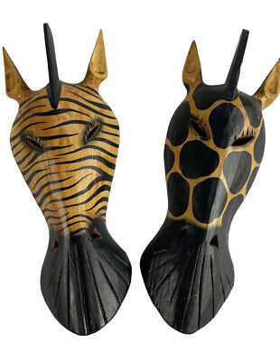 "Par de máscara tribal de madera para jirafa cebra tallada máscara escultura colgante de pared 10"""