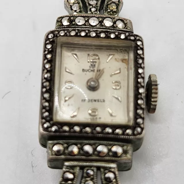 Vintage Bucherer Watch Marcasite 17 Jewels Swiss Silver Tone Ladies