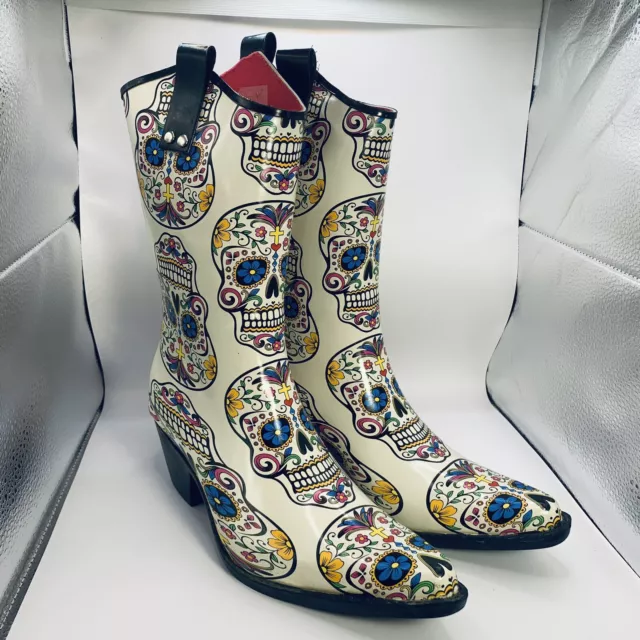 Rain  Boots Cowgirl Sugar Skulls Dia de Meurtos Blazin Roxx Women's 10 White