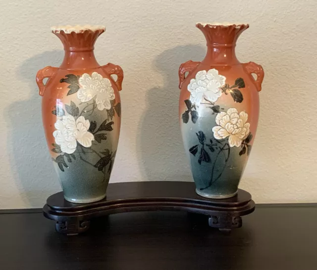 19th Century Pair Of Antique Japanese Hand Painted Floral Satsuma Vases w/ Stand