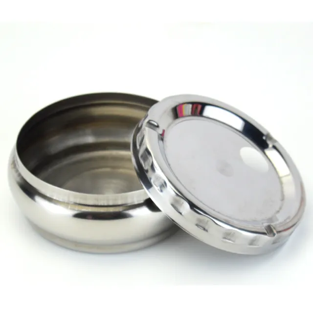 Cigarette Lidded Ashtray Round Stainless Steel Silver Portable Windproof Ashtray