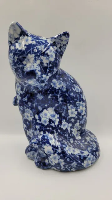 Vintage Porcelain Blue and White Chinoiserie Floral Chintz Cat Figurine 10"