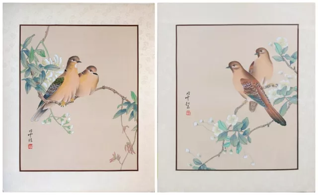 Set of Vintage Oriental Painting, Asian Watercolor on Silk Paper, Pair of Pigeon