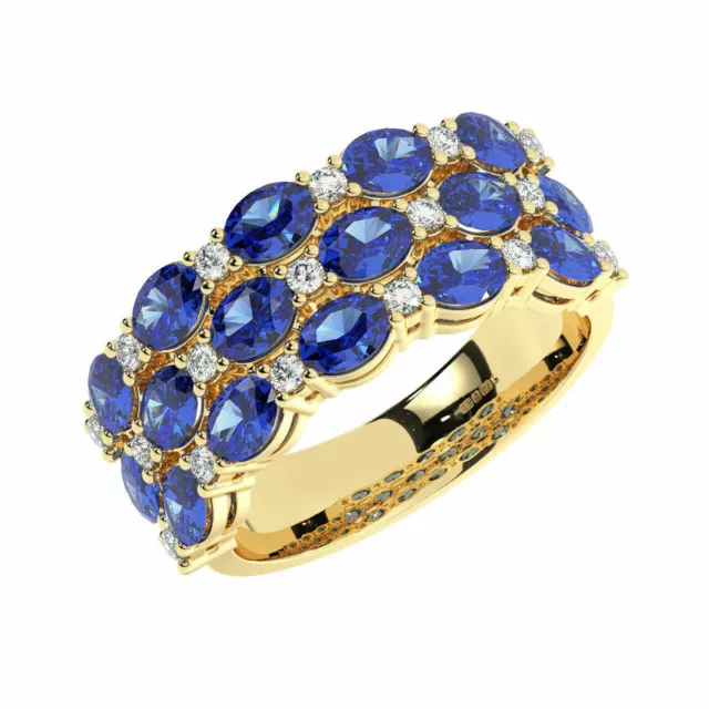 9.5 MM, Round Cut Diamond & Oval Blue Sapphire Eternity Ring in 18K Yellow Gold