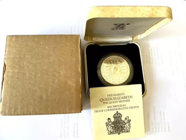 GB UK Elizabeth II. 1980 Silver Proof Queen Mother 80th Birthday Crown Case COA