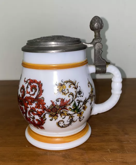 Original BMF Bierseidel German Milk Glass Beer Stein Mug With Flip Lid 17cm