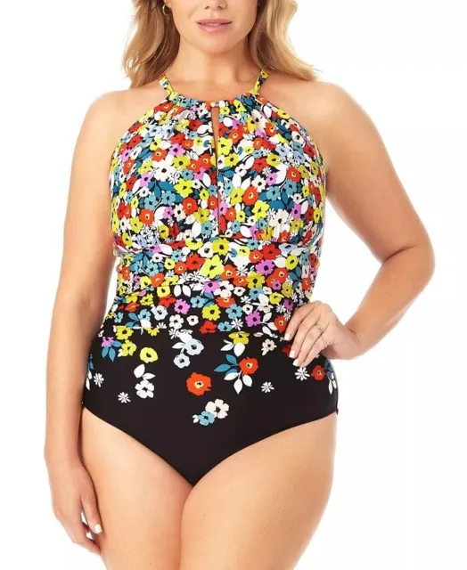 Anne Cole MULTI Plus Size Flower Field High-Neck One-Piece Swimsuit, US 24W