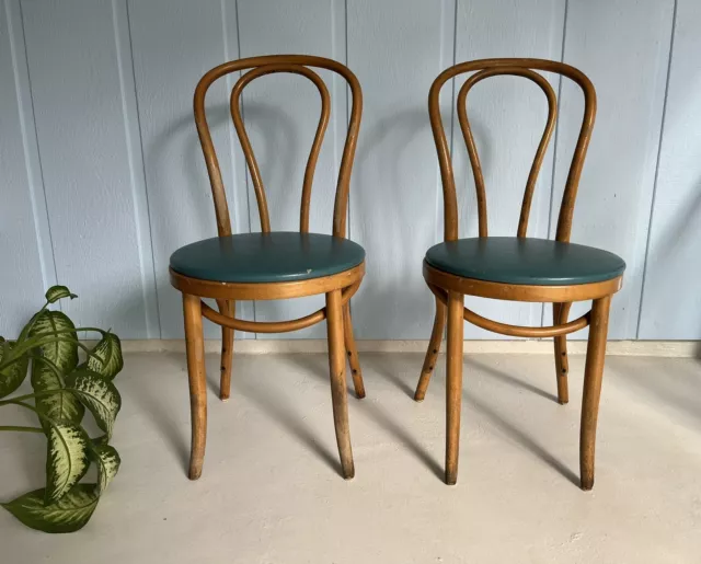 Vintage Pair Of Thonet BENTWOOD Bistro Cafe Chairs Blue Seat Made In Poland 1970 3