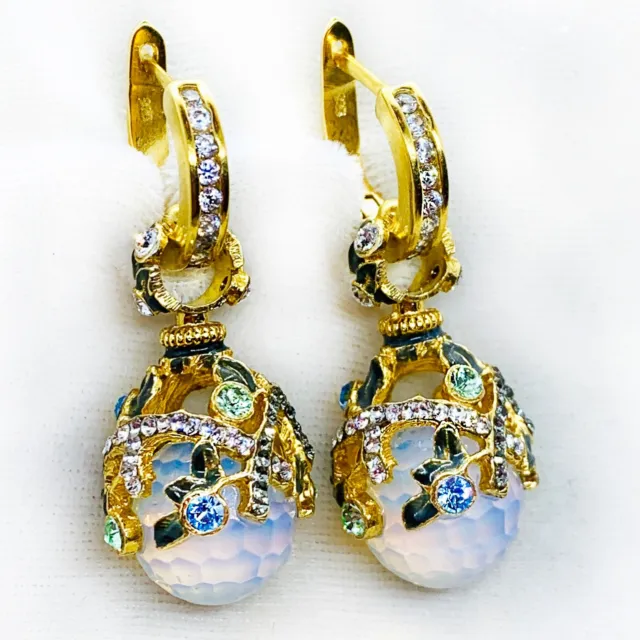 Moonstone 925 Sterling Faberge Egg Earrings Swarovski Crystals Enamel Gold Hoops