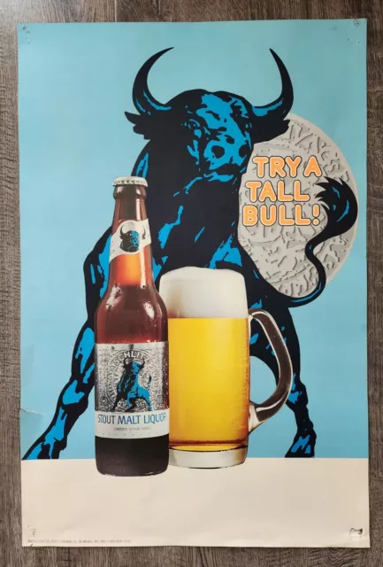 Vintage 1976 Schlitz Stout Malt Liquor Brewery Try a Tall Bull Poster Rare