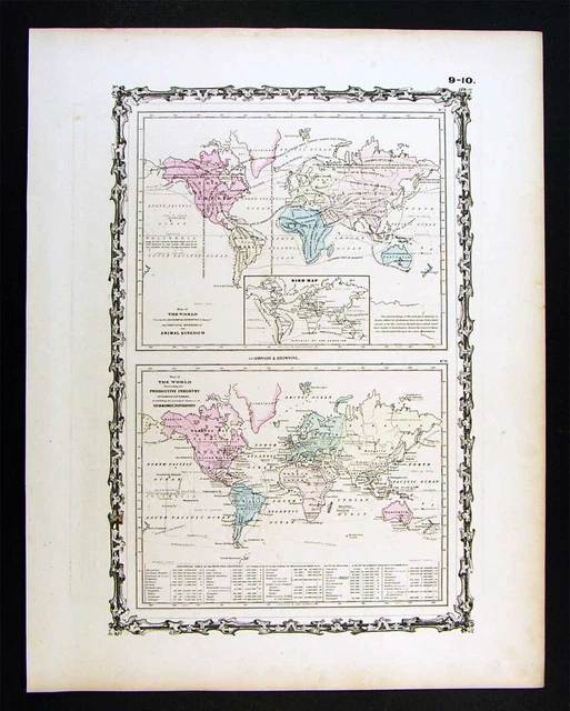 1860 Johnson Map - World Animal Kingdom Birds - Productive Industry Agriculture