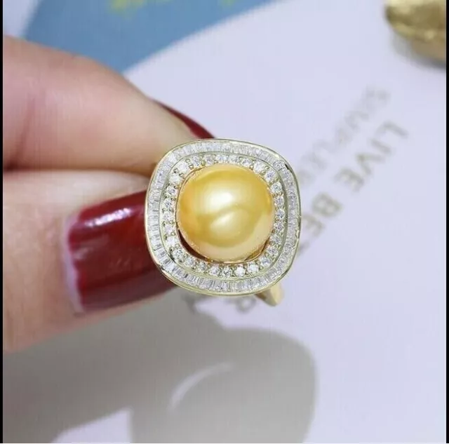 GORGEOUS REAL HUGE AAAA 11-10mm natural south sea Golden pearl ring ...