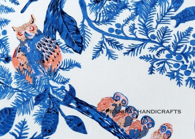 Indien Chouette Oiseau Imprimé Coton Bleu Doux de Luxe Boho Robe Tissu Par Yard