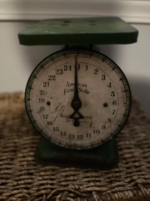 Antique American Family 25 LB Green Rustic Farmhouse Metal Family Kitchen Scale