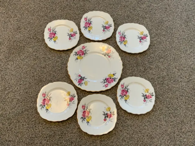 Royal Vale Roses Bone China Tea Plate Set - Cake Plate & 6x Tea Plates - Vintage