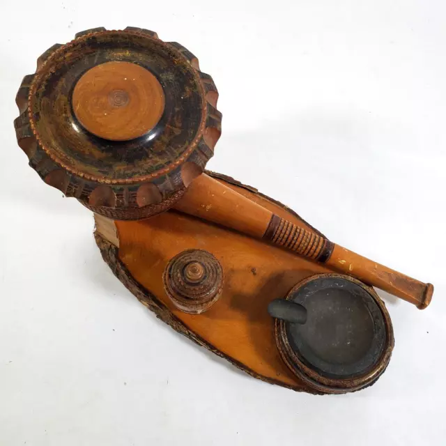 Vintage Hand Carved Wood Pipe Set Large With stand 2