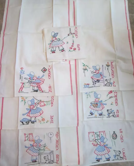 Vtg Dish Towels Embroidered Flour Sack Sun Bonnet Girls Lamb