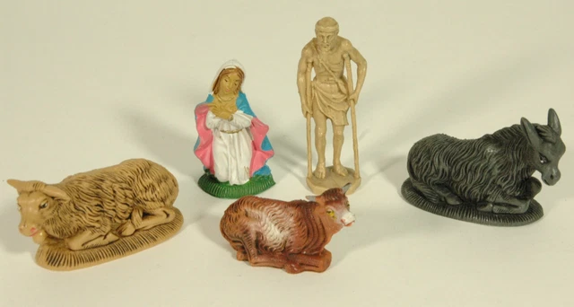LOTTO 5 STATUINE Presepe d'epoca plastica dura 6/10 cm dipinte a mano