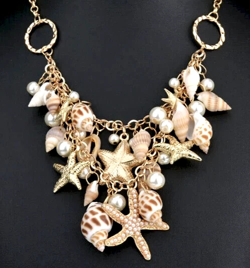 Beach Style Starfish Seashell Necklace With Pearls - 21" Gold-Tone Adjustable Bib Statement Jewelry
