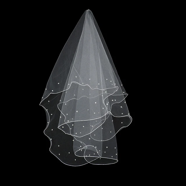 New Simple Ribbon Edge Wedding Veils With Pearls Short Bridal Veils Studio v.ou