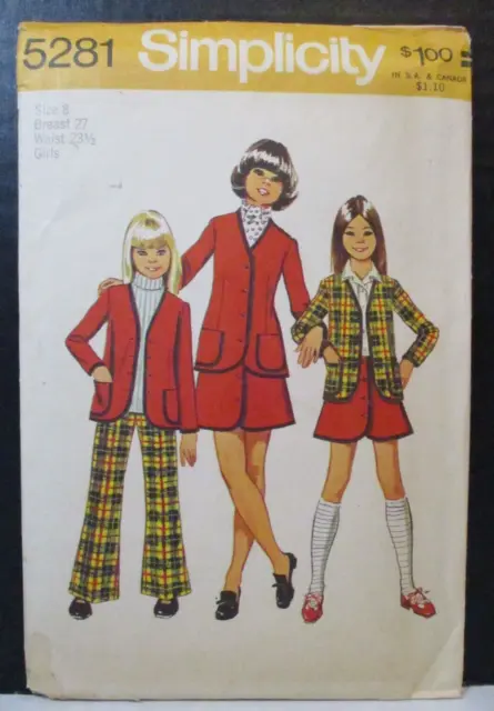 Simplicity Pattern 5281 Girls Cardigan Jacket Skirt Bell-Bottom Pants Size 8 Vtg