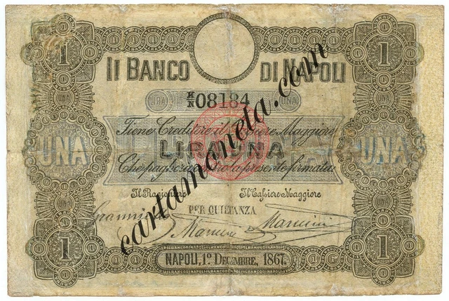 1 Lira Banco Di Napoli Fede Di Credito Ii Tipo 01/12/1867 Mb