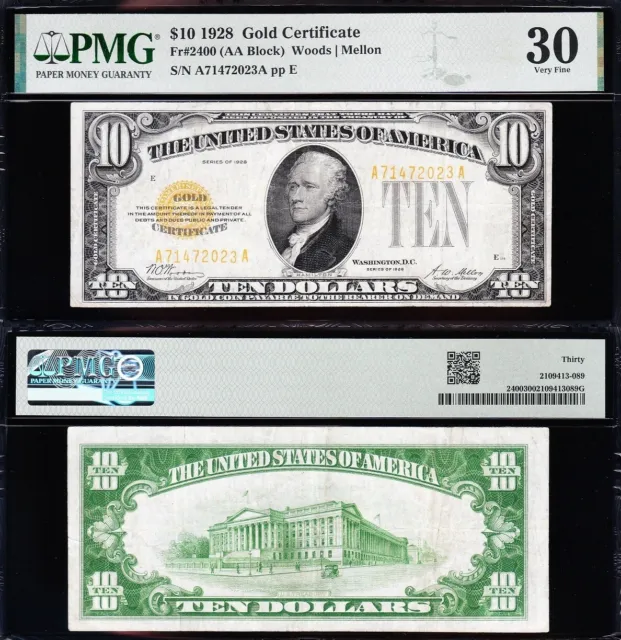 AWESOME Crisp Choice VF++ 1928 $10 GOLD CERTIFICATE! PMG 30! FREE SHIP! 72023A