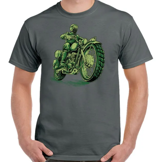 Cafe Racer T-Shirt Uomo Moto Teschio Moto Indiano Biker Moto Top Verde 2