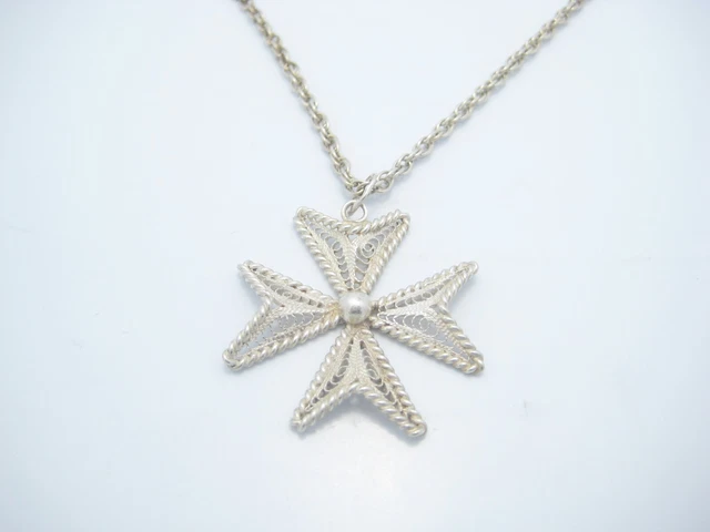 Sterling Silver Pearl Maltese Cross Pendant Chain Link Necklace 20"