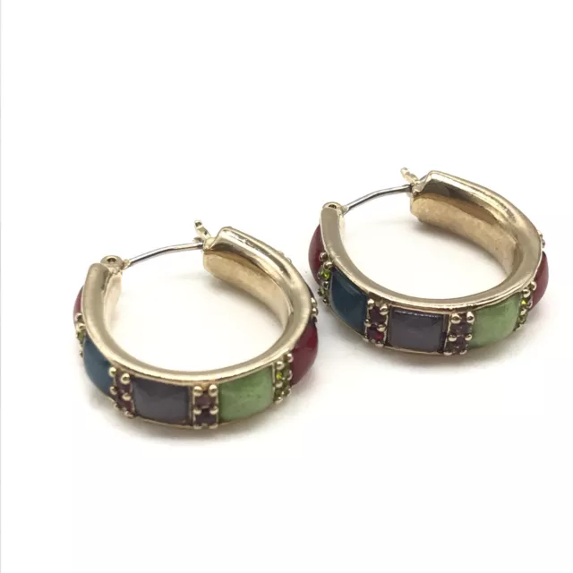 Vintage Liz Claiborne LC Signed Multicolor Glass Stone Gold Tone Hoop Earrings