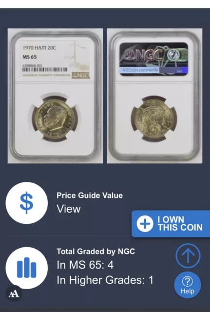 1970 Haiti 20 Centimes KM# 77 - NGC MS65