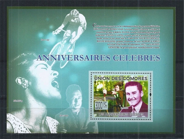 Comores Comoros 2009 Block Errol Flynn Albert Camus Holiday Fausto Coppi