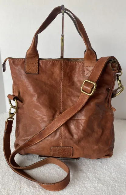 Fossil Brown Leather Purse Crossbody Shoulder Bag Tote Convertible Large Boho