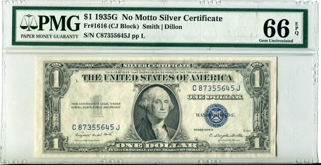 1935G $1 No Motto Silver Certificate - Fr#1616 (CJ Block) - PMG 66 EPQ Gem UNC