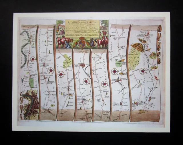 LONDON REPRO 13.25" x 10" MAP PRINT OF  1675 ANTIQUE ROAD MAP  LONDON TO BRISTOL
