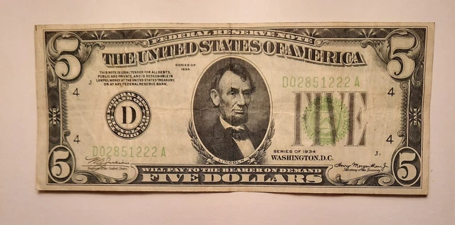 1934 $5 LGS ( Lime Green Seal) Federal Reserve Note Crisp