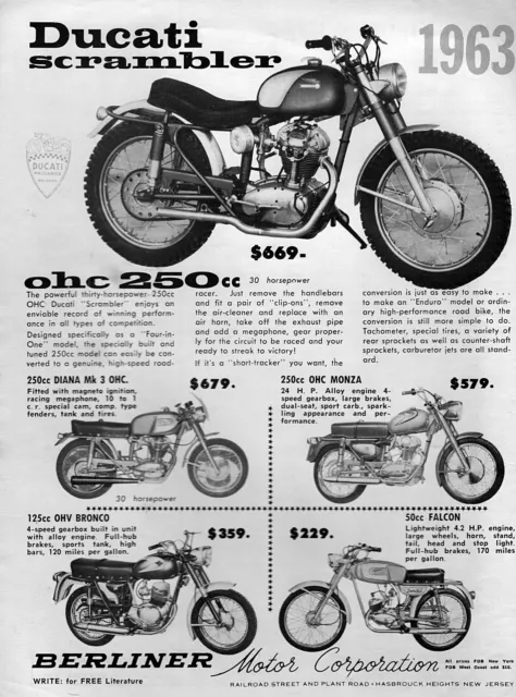 1963 Ducati Diana Monza Bronco & Falcon Motorcycle Original Ad