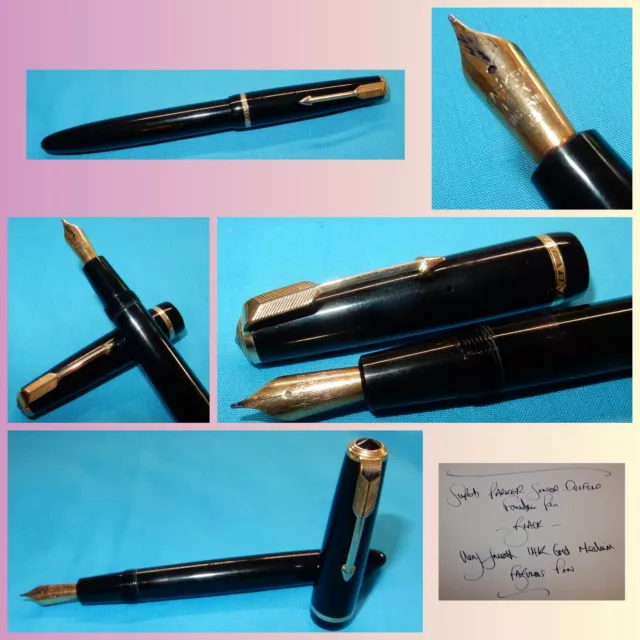 SUPERB 1960's PARKER SENIOR DUOFOLD FOUNTAIN PEN BLACK 14K GOLD MEDIUM NIB