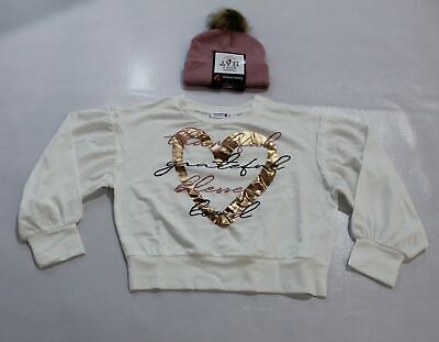 Beautees Girl's L/S Screen Sweatshirt w/ Beanie MC9 White/Pink Medium NWT