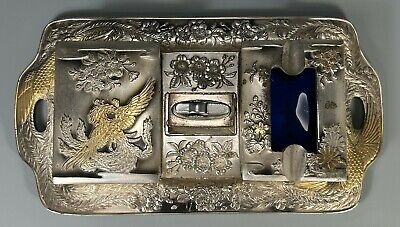 Fine Japanese Japan Silver & Gilt Metal Smokers tray w/ Box, Ashtray, & lighter