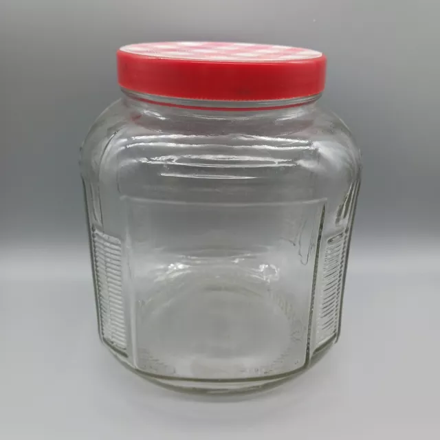 Vintage 7" Square Ribbed Glass Jar Canister with Red White Checkered Lid