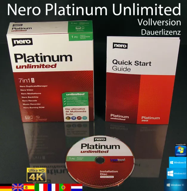 Nero Platinum Unlimited Vollversion Box + CD 7in1 Brennsoftware Dauerlizenz NEU