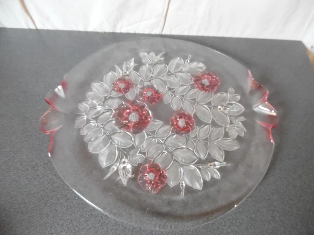 ANCIEN GRAND PLAT en verre pressé moulé Verlys albatroses poissons art