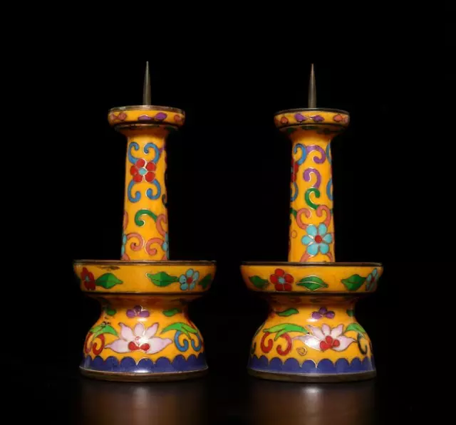 Pair Old Chinese Bronze Cloisonne Enamel Light Holder w/flower 2