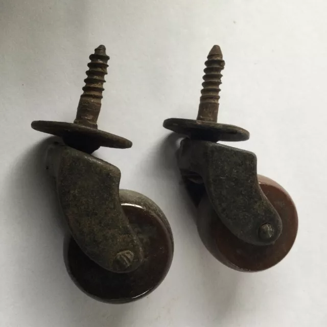 Pair Of Screw Castors Brown Wheel Solid Brass Georgian, Victorian.