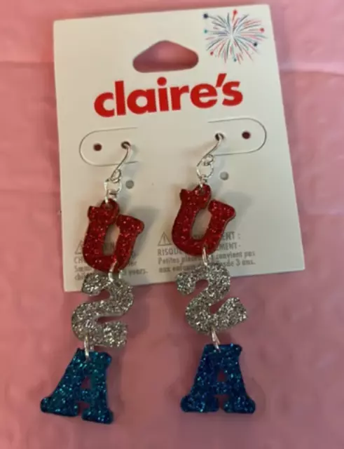 Claires Patriotic 4th July Pierced Dangle Earrings USA Glitter Red White Blue