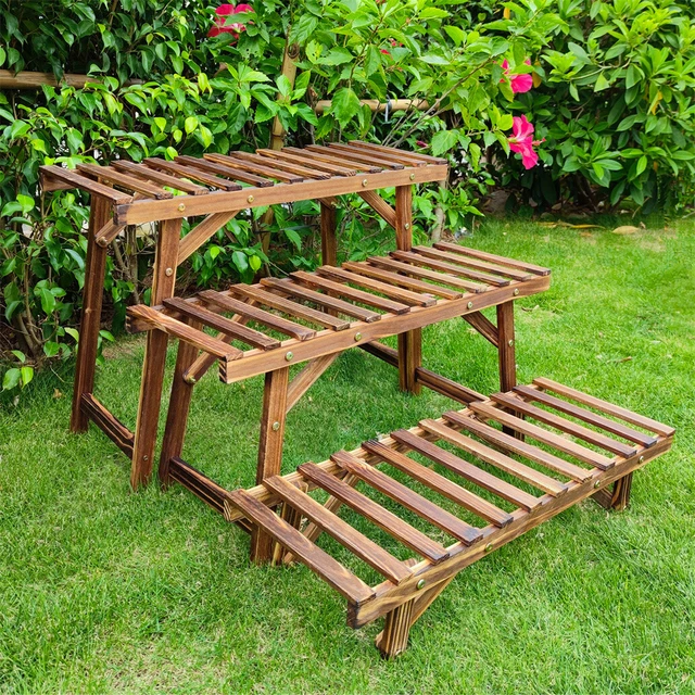 LARGE 3 TIER Step Plant Stand Wood Ladder Shelf Garden for Patio Indoor